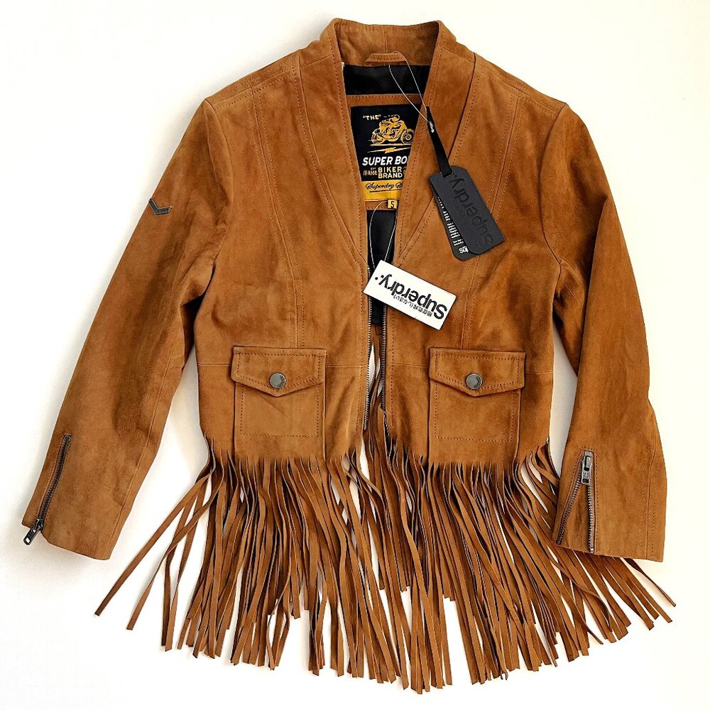 SUPERDRY Tan Brown Suede Leather Biker Jacket with Fringe, size SMALL New w/Tag